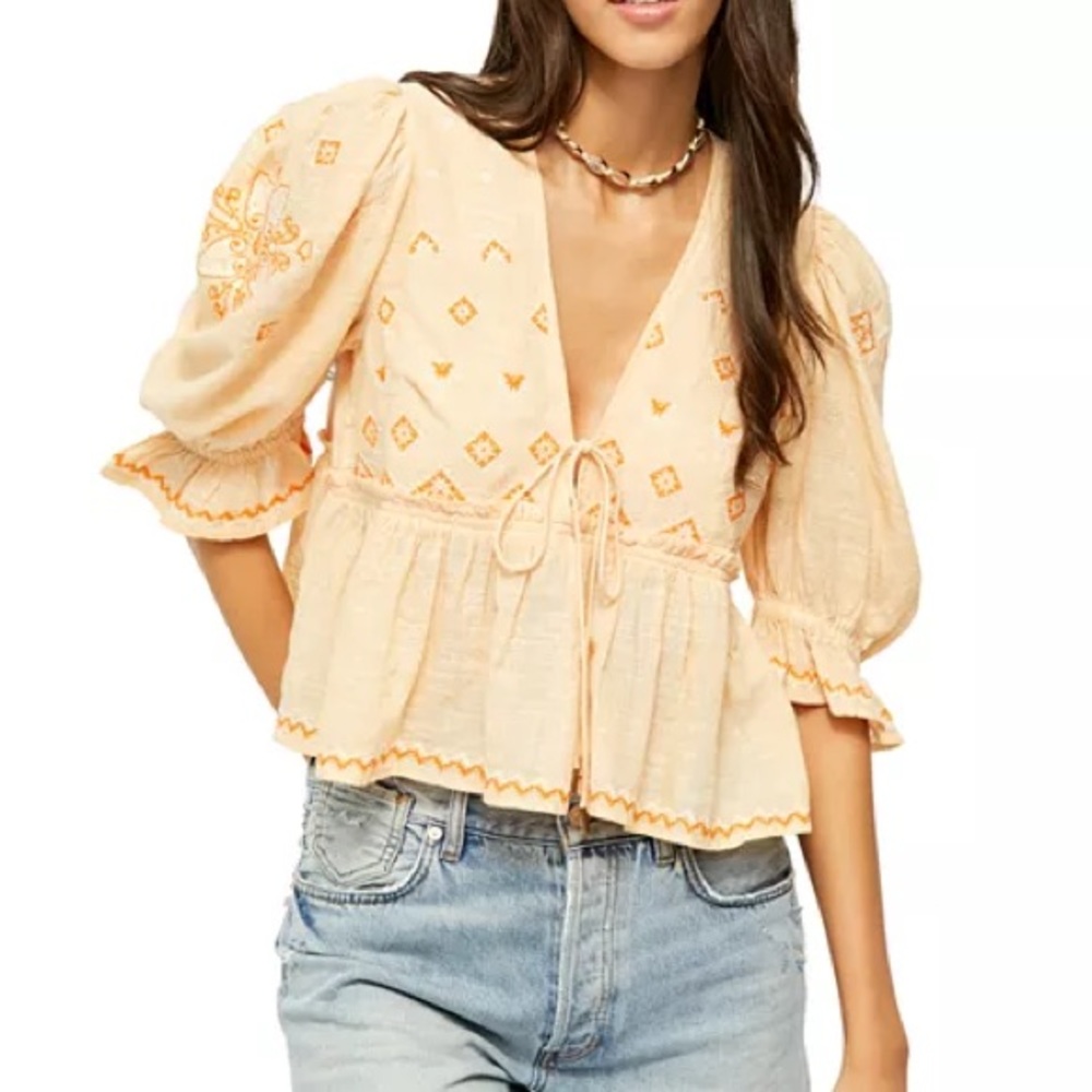 Free People Embroidered Blouse in Peach and Orange